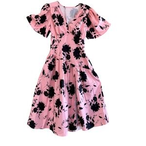 Pink Black Floral V-Neck Midi Dress Flutter Sleeve Smocked Waist Front Slit Boho